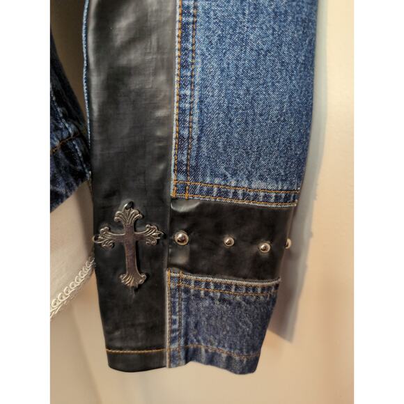 Vintage denim studded biker southwestern cross sleeve jacket L - Picture 3 of 8
